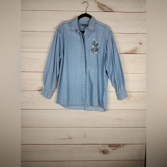 Upper West Side L Shirt Woman’s Blue Denim Button Long Sleeve Floral Embroidery - Picture 1 of 9